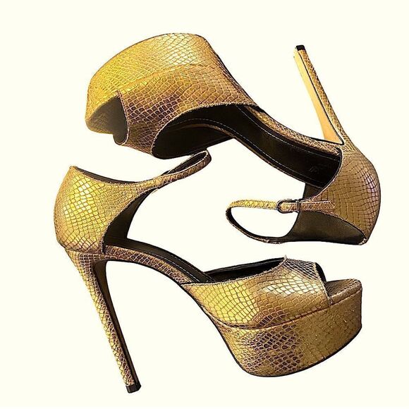 Stunning 5” platform heels, metallic gold lizard  embossed leather shoes  8.5 - Picture 1 of 15
